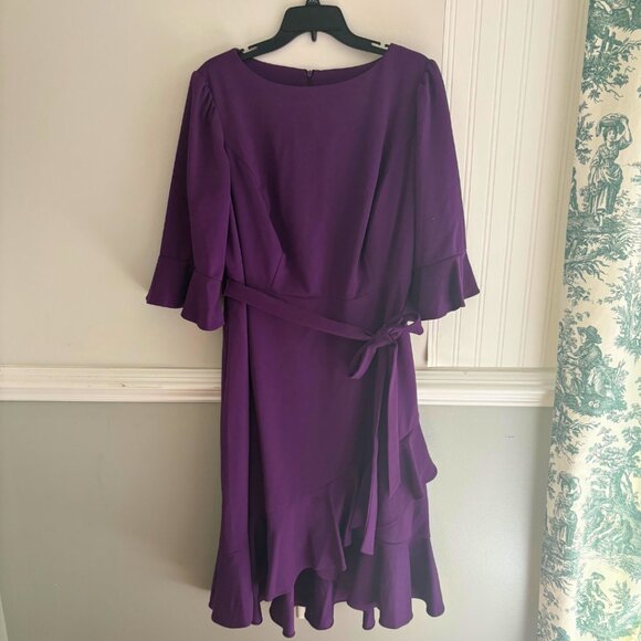 Maison Tara Dresses & Skirts - Bell Sleeve Solid Crepe Wrap Fit and Flare Dress